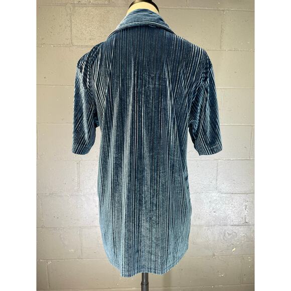 Vintage 1990s Steel Blue Velour Button Up Shirt Epidemic Small Rave Club Disco - Picture 6 of 8